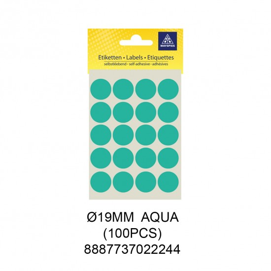 MAYSPIES MS019 COLOUR DOT LABEL / 5 SHEETS/PKT / 100PCS / ROUND 19MM AQUA